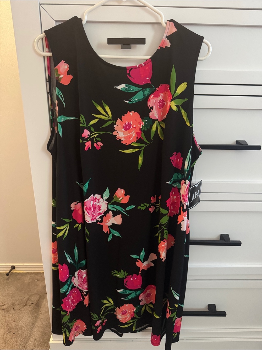 Floral Sleeveless Black Shift Dress with Pink & Green Blooms